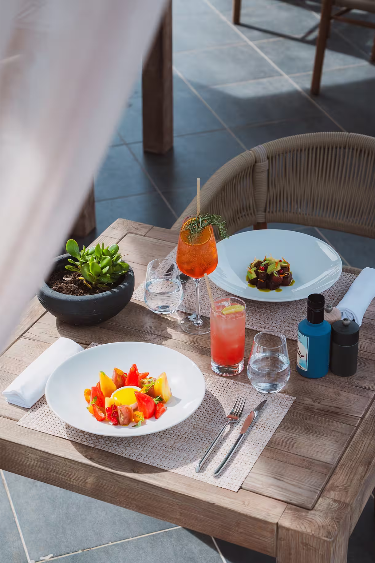 Table en bois avec deux assiettes de plats gastronomiques, deux verres d'eau, deux cocktails colorés et une plante verte en pot.
