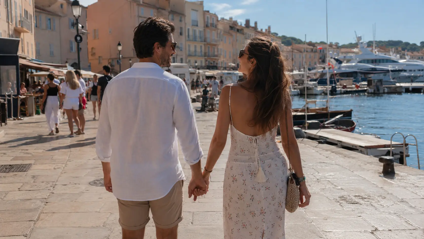 Couple main dans la main sur le port de Saint-Tropez
